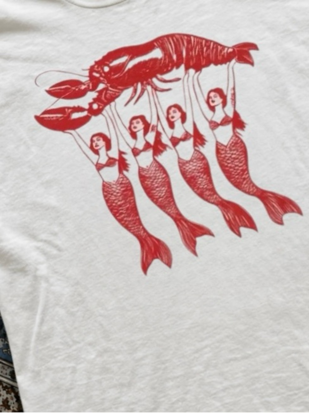 Gildan White Short Sleeve Tee with Red Lobster and Mermaids Graphic - Picture 2 of 4